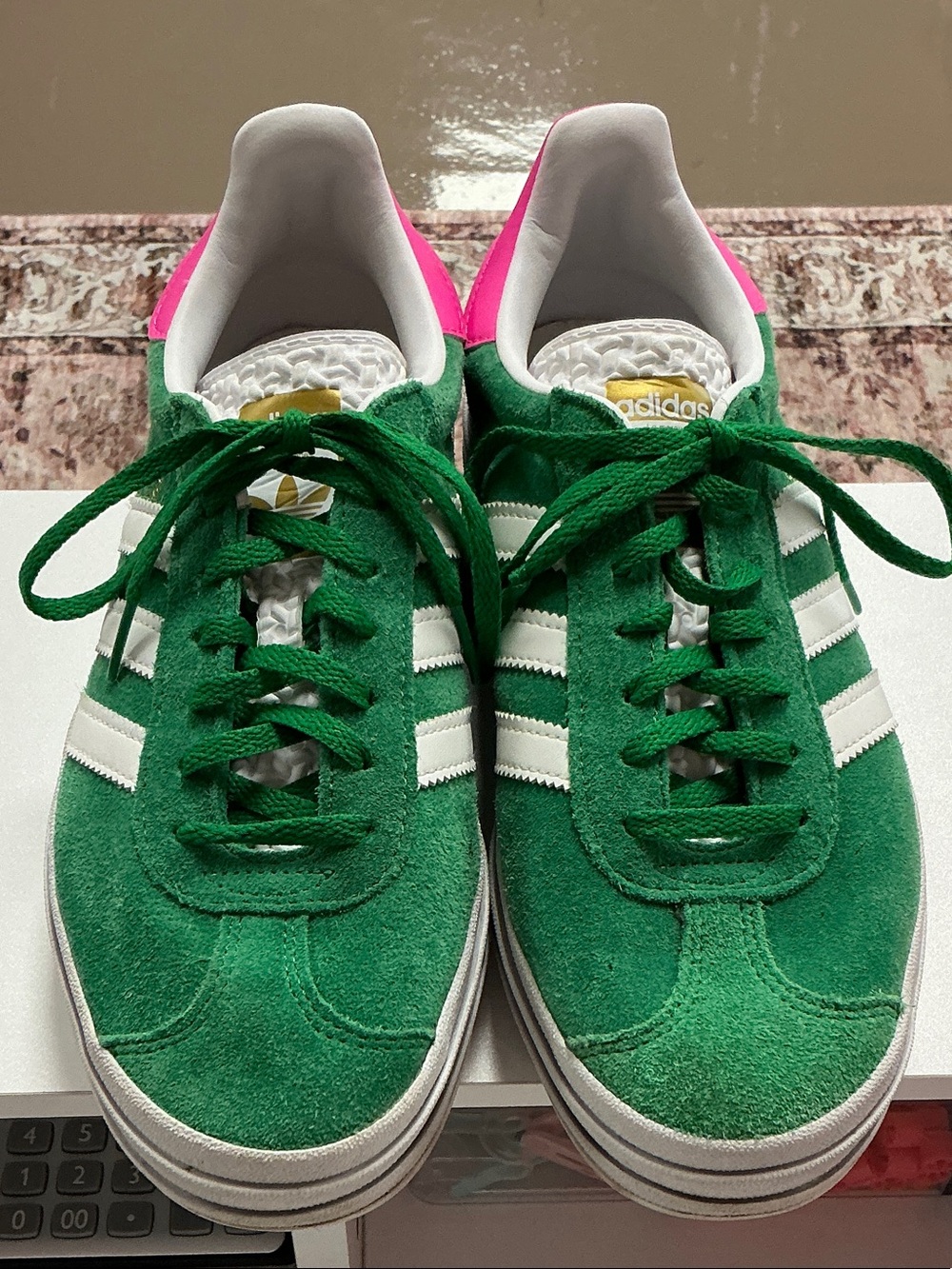 adidas Green Suede Sneakers with White Stripes and Pink Heel